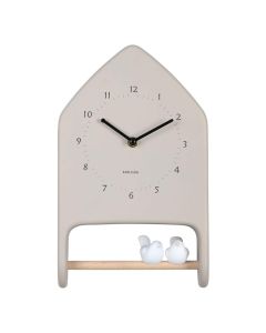 Karlsson wandklok Love Birds in warm grijs met twee witte vogeltjes op een houten zitstok.