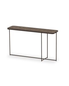 Bijzettafel Piazza met asymmetrisch ontwerp, donker blad en slank metalen frame, geschikt als bijzettafel of sidetable.