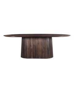 Eettafel Noria ovaal in walnootkleur met geribbelde middenpoot, zijaanzicht.