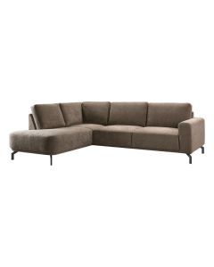 Pronto Wonen hoekbank Venetti links in stof Born Wenge met rond eiland en zwarte metalen poten.