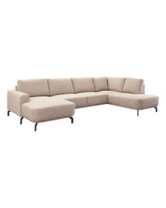 Pronto Wonen hoekbank Venetti in stof Born Liver met longchair links en rond eiland rechts.