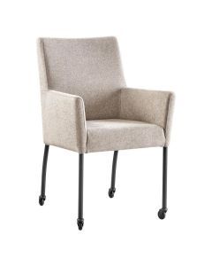 Pronto Wonen armstoel Cenare Grey met wielen in grijze stof en zwarte metalen poten, vooraanzicht.