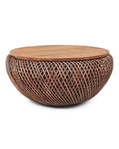 dBodhi Salontafel Wave bruin met rond teakhouten blad en handgevlochten rotan