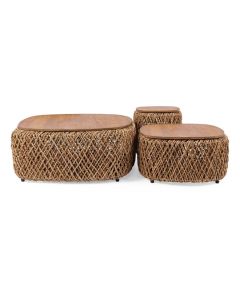 dBodhi Knut salontafelset van 3 met gevlochten abacavezels en houten bladen