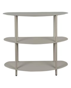 Warmgrijze Leitmotiv Riqueza kast met drie afgeronde legplanken en slanke metalen staanders.