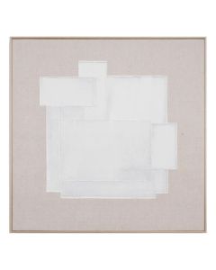 Schilderij Chloe van COCOmaison met witte reli&euml;fvlakken op een cr&egrave;mekleurige linnenlook achtergrond in een lichte houten lijst.