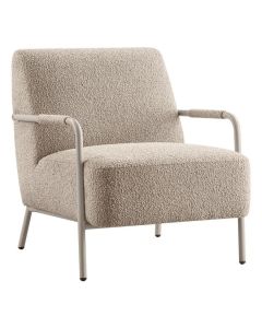 Lichte boucl&eacute; fauteuil Posano met stonegrey metalen frame, open armleuningen en royale comfortabele zitting.