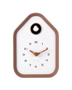Karlsson Reina Cuckoo wand- en tafelklok in mocha brown met wit front, bruine wijzers, minimalistische cijfers en wit koekoeksvogeltje.