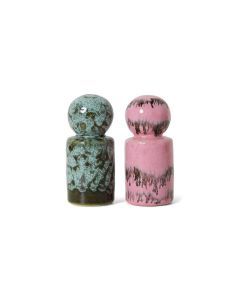 HKLIVING 70s Ceramics peper- en zoutstel Baroque met een blauwgroene en roze strooier met bolvormige bovenzijde