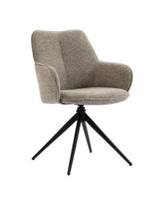 Vooraanzicht van taupekleurige armstoel Sawa van Profijt Meubel met verticale rugnaad en slank zwart vierpootsonderstel