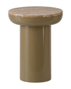 COCOmaison Maurits beige bijzettafel met rond marmerlook blad en hoogglans onderstel.