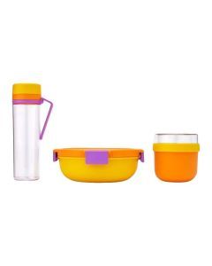 Brabantia Make & Take Geschenkset van Yinka Ilori met waterfles, salade-lunchbox en yoghurtbeker in geel, oranje en paars