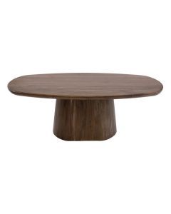 Bruine salontafel Central van massief acaciahout met organisch blad en ovale middenpoot.