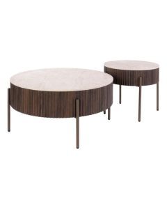 Salontafel Ceramo set van 2 met ronde Taj Mahal keramieken bladen en donkerbruine onderstellen.