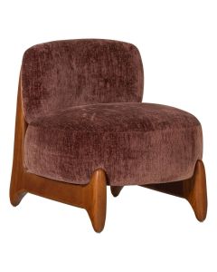 Paarsbruine WOOOD fauteuil Runi met velvet bekleding en warm houten frame.