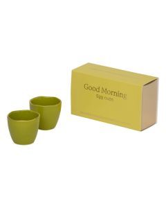 Twee groene Good Morning eierdoppen in Split Pea met gele geschenkverpakking.