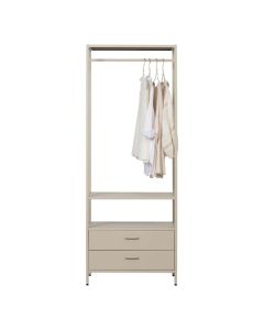 WOOOD Ferris open kledingkast in zandkleurig metaal met kleding, planken en twee lades.