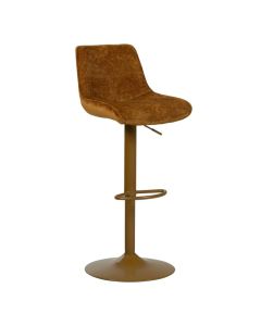 Karamelbruine WOOOD Marten barstoel met chenille zitting en metalen onderstel.