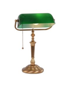Tafellamp Ancilla 6185BR met groene glazen kap, bronskleurig armatuur en trekschakelaar