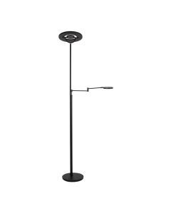 Vooraanzicht van zwarte Steinhauer vloerlamp Soleil met ronde uplight en uitklapbare leesarm