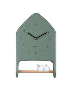Groene Karlsson Love Birds wandklok met zwarte cijfers, wijzers en twee witte vogeltjes.
