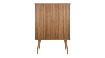 Een vooraanzicht van kast Barbier met gesloten deuren, gemaakt van hout met verticale lamellen.