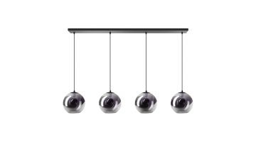 Hanglamp Borro met vier smoke glazen bollen aan zwart metalen plafondbalk
