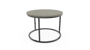 Ronde Steel bijzettafel met grijs eiken blad en dicht zwart stalen onderstel.
