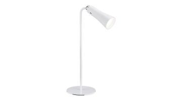 Witte Maxi tafellamp met slank ontwerp en afneembare lampkop, geplaatst op een ronde voet.