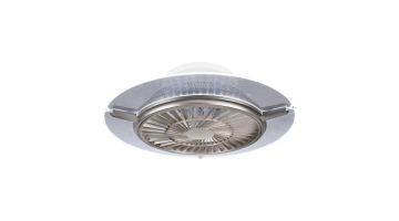 Grijze plafondventilator met geïntegreerde LED-verlichting en compact rond ontwerp.