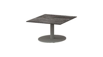 Salontafel Sol met vierkante keramische blad en centrale kolompoot in grijze afwerking.