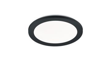 Plafondlamp Camillus in mat zwart met wit acryl, minimalistisch en modern design, geschikt voor diverse interieurstijlen.