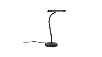 Zwarte, moderne tafellamp met LED-verlichting en touchdimmer op de voet van de lamp.