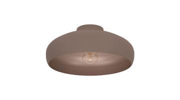 Plafondlamp Eglo Mogano in mokkakleurig staal met ronde vorm, zichtbaar E27-fitting en open onderzijde.