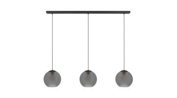 Eglo hanglamp Arangona mat grijs met drie ronde glazen bollen aan zwarte snoeren, vooraanzicht.