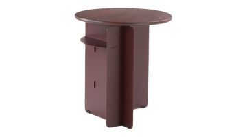 Perspectief aanzicht van de ronde variant van bijzettafel Jan van Label van den Berg. Getoond in perspectief op witte achtergrond.