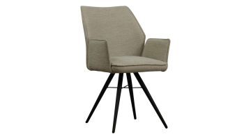 Eetkamerstoel Wingfield in beige bouclé stof met zwarte metalen poten, vooraanzicht tegen witte achtergrond