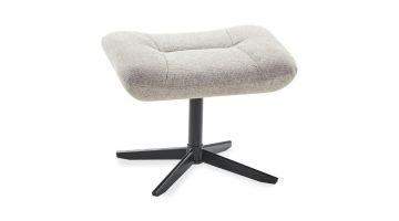 Zijaanzicht comfortabele beige hocker Mantuia van in house met zwart metalen voet.