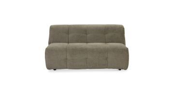 Vooraanzicht loveseat Jef van Dyyk zonder armen in grijsgroene teddystof en carrégestikte rug en zitting.