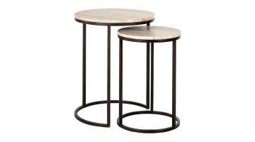 Avalon bijzettafel set van 2 van Richmond Interiors met metalen bronzen voet en beige travertijnen blad.