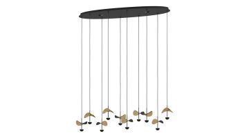 Eglo hanglamp Dracera met zwart metalen plafondplaat en goudkleurige bladvormen aan lange kabels.