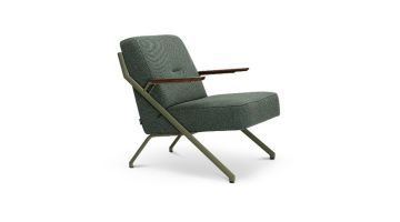 Harvink Fauteuil Totem in groene stof met metalen frame, zijaanzicht.