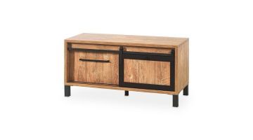 TV-meubel Alva in oranje teak melamine met zwart metalen schuifdeur.