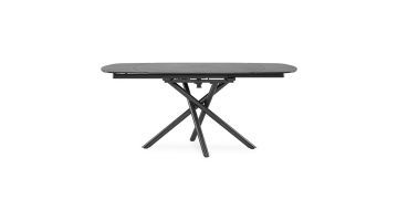 Uitschuifbare eettafel Preston met een donkergrijs blad en zwart metalen onderstel in een gekruiste pootconstructie.