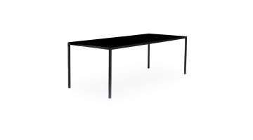 Perspectief aanzicht van de Metaform S-30 eetkamertafel in zwarte uitvoering op een witte achtergrond