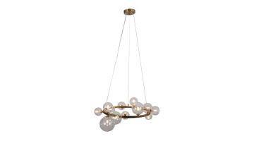 Hanglamp Yosie van Richmond Interiors met ronde gouden ring en meerdere glazen lichtbollen in verschillende formaten, aan drie kabels.