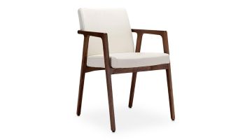 Harvink Splinter eetkamerstoel in witte bekleding met houten frame, vooraanzicht.