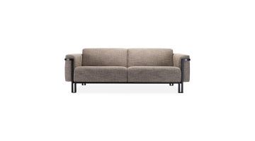 Harvink zitbank Flink in bruin gemêleerde stof, vooraanzicht met zwart metalen frame.