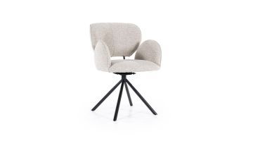 Vooraanzicht taupekleurige stoffen eetkamerstoel met armen Rosalin van Eleonora en schuingeplaatste zwart metalen poten. 