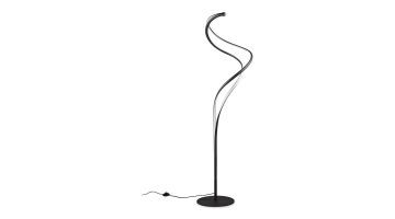 Zwart-witte moderne vloerlamp met een unieke gebogen vorm. Uitgevoerd met rond voetstuk en vloerschakelaar aan de stroomkabel.